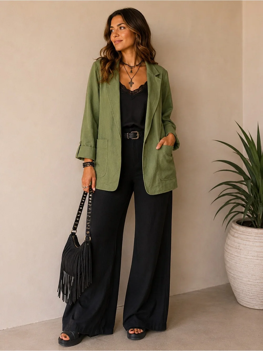 Signature Green Linen Blend Open Front Blazer Jacket Size Large